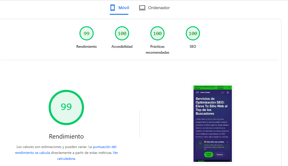 Captura del rendimiento y optimización SEO de la propia página de Omar Fuentes